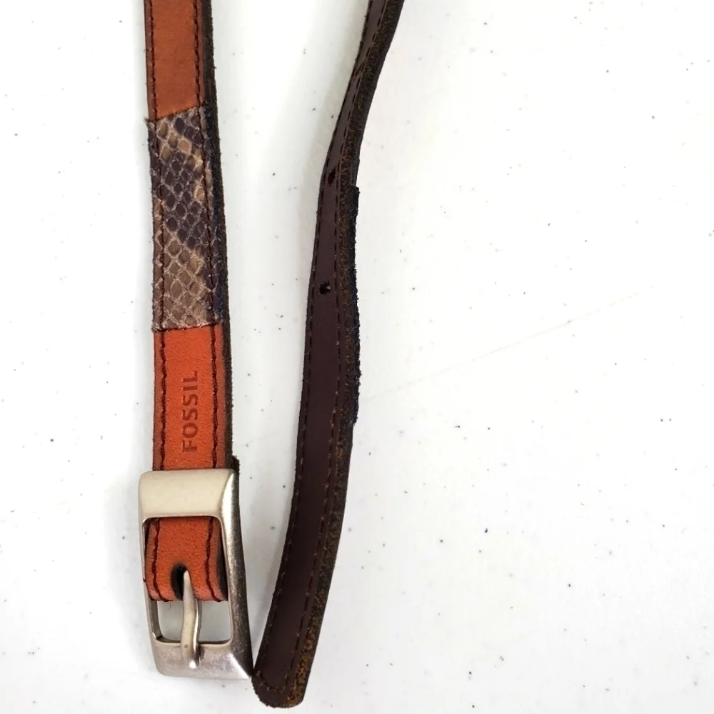 Fossil Leather Patchwork Snake Print Skinny Belt Size Small Retro Colorblock